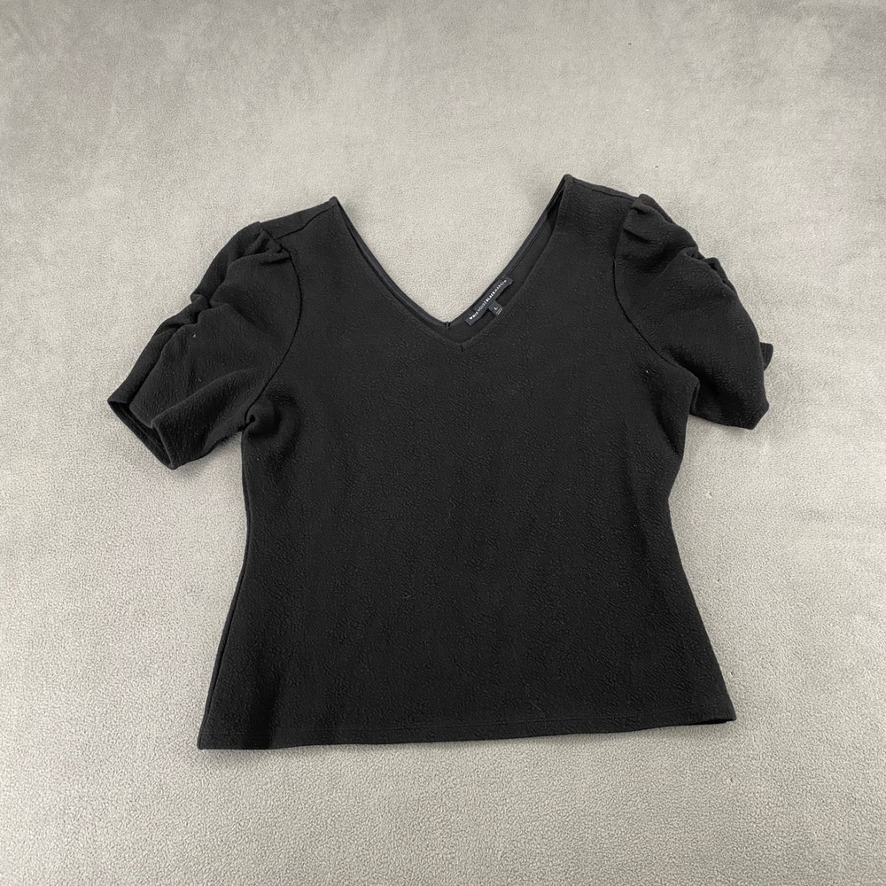 White House Black Market Black V-Neck Puff Sleeve Textured Top Size L